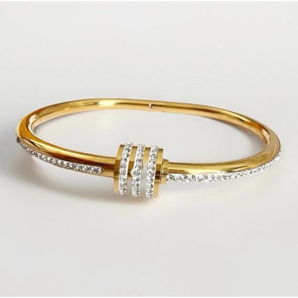 18K Gold Plated Rhinestones Bangle Stainless Steel Bracelet Womens Jewelry Gift - Picture 2 of 8